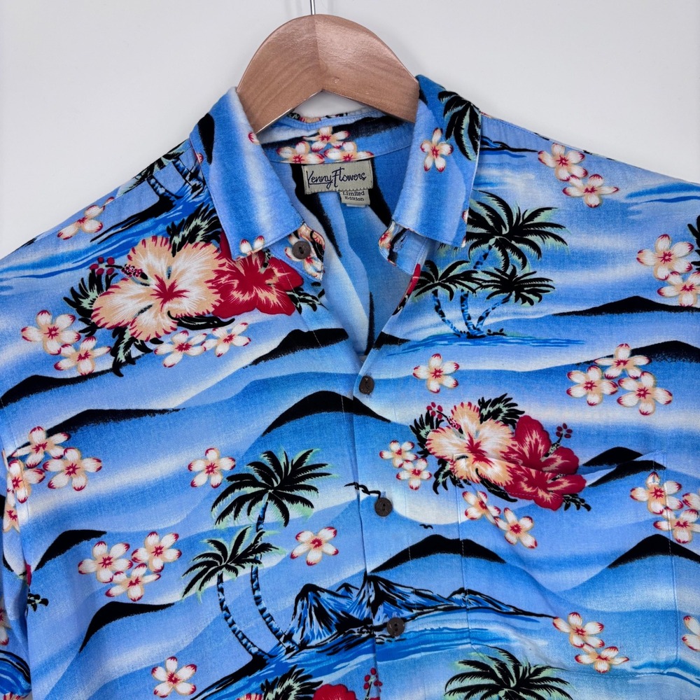 Kenny Flowers Hawaiian Shirt Mens S Blue Floral Palm Limited Edition Aloha Rayon